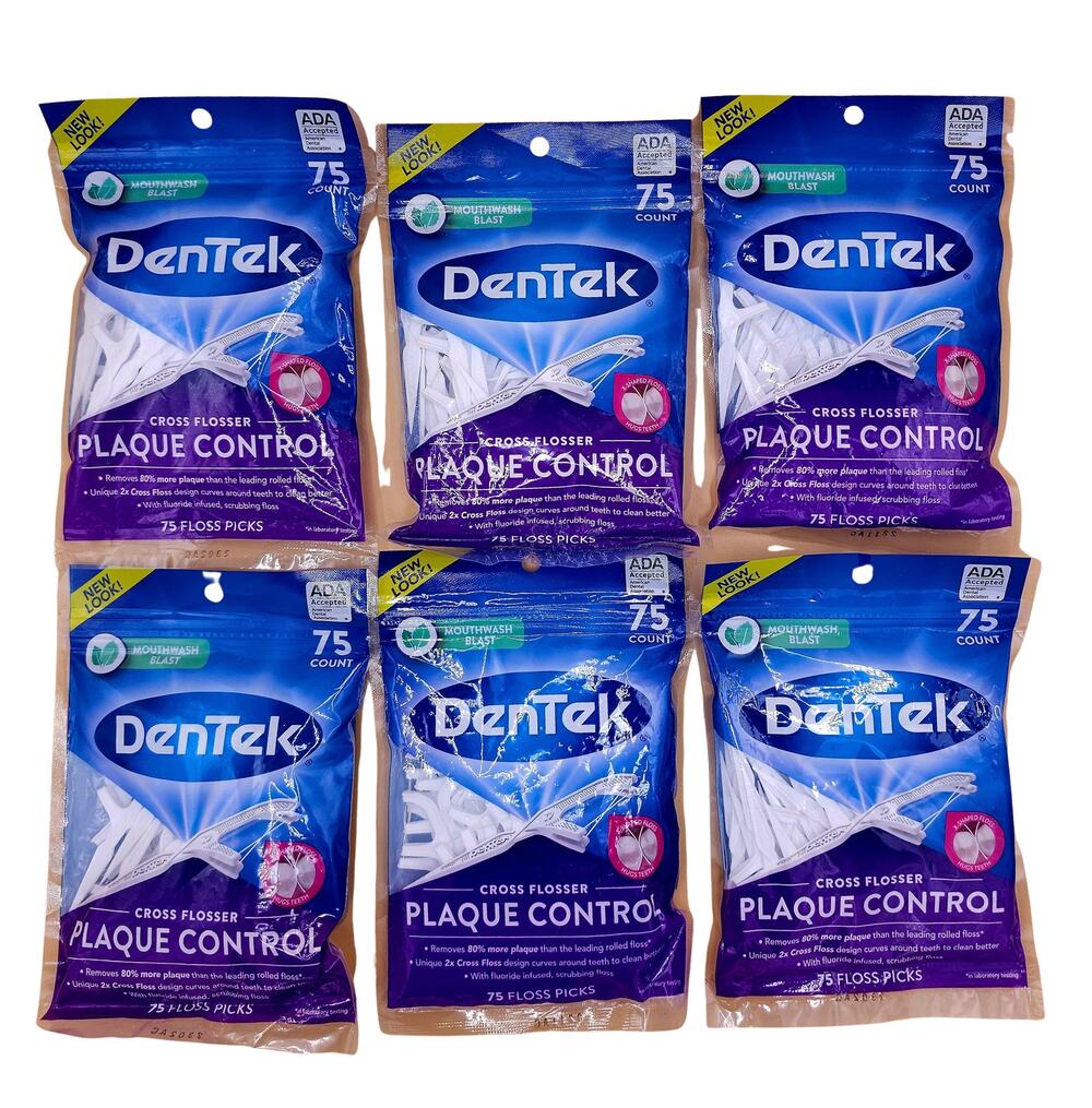 (6) DenTek Cross Flosser Plaque Control Mouthwash Blast Floss Picks 75 Each Pack